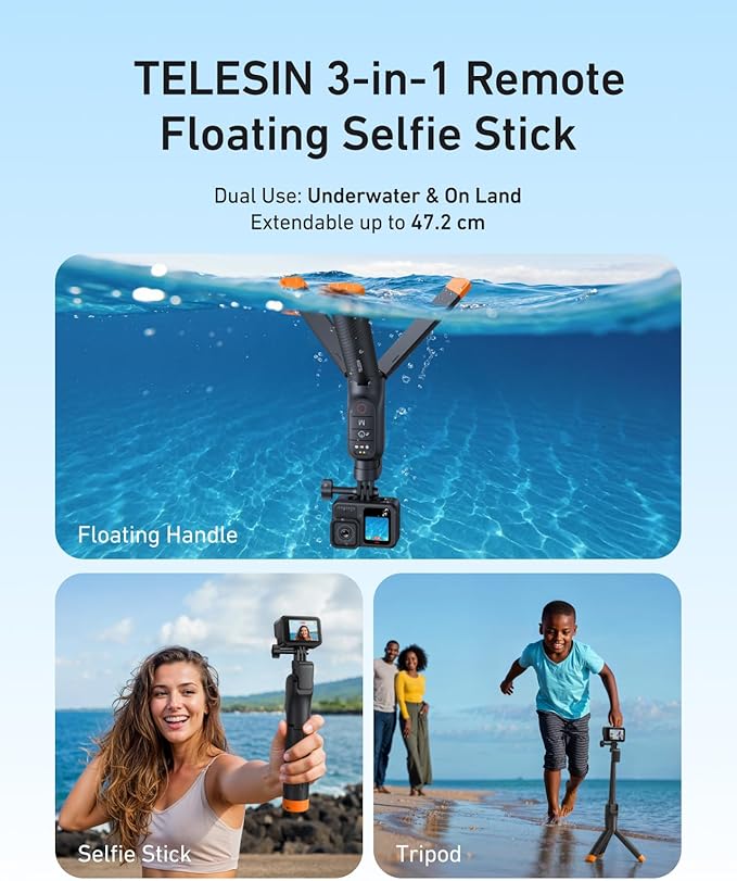 TELESIN Bluetooth Floating Selfie Stick Tripod for GoPro Hero 13/12/11/10/9, Waterproof Extendable Pole 3-in-1 Hand Grip Tripod with Signal Booster, 15M Diving Stick for Surfing, Snorkeling, Vlogging