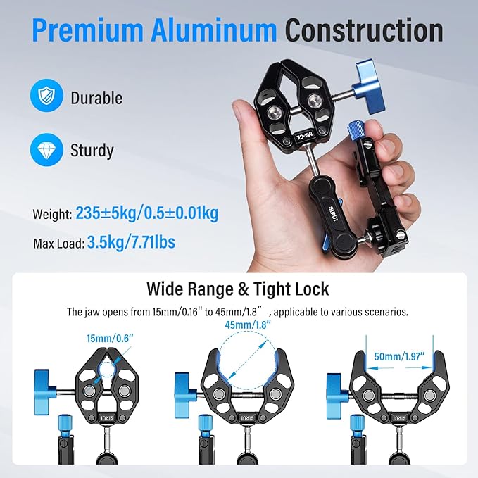 SIRUI Articulating Camera Mount Clamp with Phone Holder, Magic Arm Super Clamp with 1/4"-20 Thread and 3/8"-16 Locating Hole for ARRI, Ball Head Mount for Camera Monitor and Bicycle, MA-GK, Black