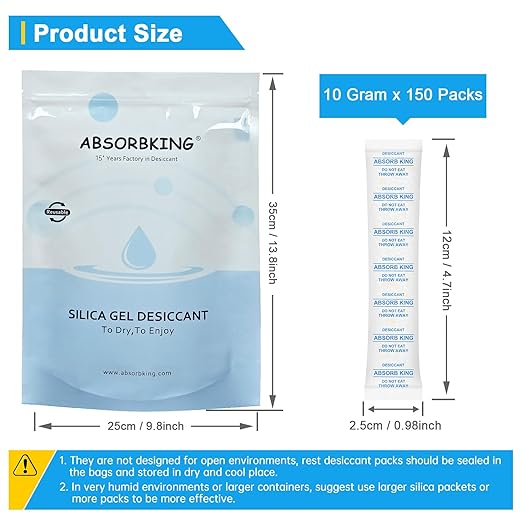 Silica Gel Packets – 10 Gram 150 Packs Moisture Absorbers for Food Storage, Premium Silica Packets with Color Indicating, Desiccant Packs for Spices, Dried Fruit, Jewelry, Shoes, Electronics, Tool Box