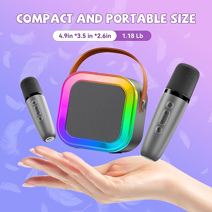 【2026 Newest】 Mini Karaoke Machine for Kids Girls & Boys - Portable Bluetooth Speaker with 2 Wireless Microphones - Kids Birthday Gifts for Ages 4-10 - Kids' Instrument Accessories - Space Gray