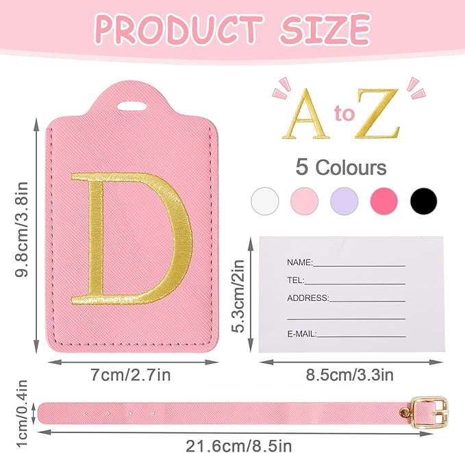 Initial Letter Luggage Tags for Suitcases, Embroidered Monogrammed Suitcase Luggage Identifier Name Tag, PU Leather TSA Approved Luggage Tags, Bag Tags for Men Women Kids Luggage Handbags(Pink D)