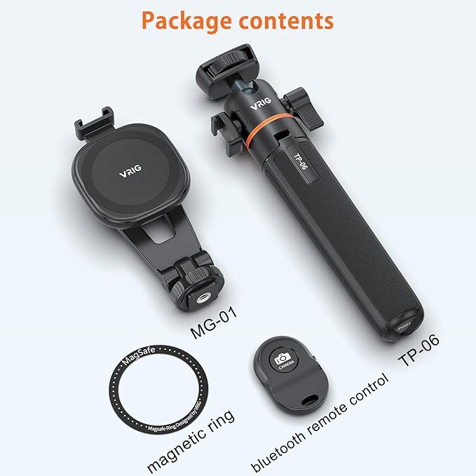VRIG 21.6" Magnetic Cell Phone Tripod, Compatible with MagSafe, TP-06 Extendable Phone Tripod + MG-03 Magnetic Tripod Mount Stand with Wireless Remote, for iPhone 16 15 14 13 12 & All Phones