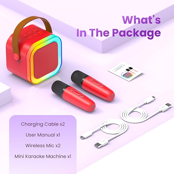 Karaoke Machine for Kids Adults, Portable Bluetooth Speaker with 2 Wireless Karaoke Microphones, 2026 TOP Birthday for Girls Boys 3,4,5,6,7,8+Year Old Toddler Toys Karaoke Player(Red)