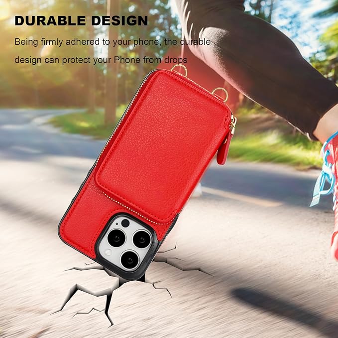 Bocasal RFID Blocking Wallet Case for iPhone 15 Pro Max, Adjustable Crossbody Zipper Purse with Wrist Strap, PU Leather Flip Folio Case 6.7 Inch 5G (Red)