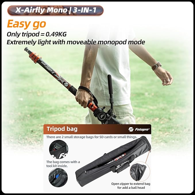 Fotopro 73" 3-in-1 Carbon Fiber Monopod with Pedal, Carbon Fiber Travel Monopod with Feet Max Load 22lbs for DSLR Camera Stabilizer Videography Kit, X-Airfly Mono Grey