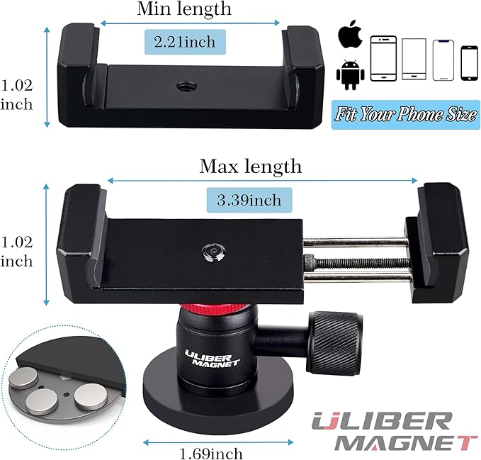 ULIBERMAGNET Magnetic Phone Mount Holder, 360° Rotate with Mini Ball Head Compatible with Smartphone for Cars,Jeep,Boats, Motorcycles