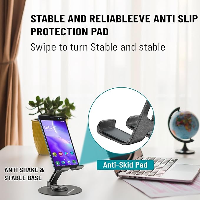 Cell Phone Holder Stand 2 Piece, Adjustable and Foldable Cell Phone Stand Holder for Desk, 360 Rotation Smartphone Holder with Non Slip Pads, Compatible with iPhone, Android Smartphones, Tablets (2)