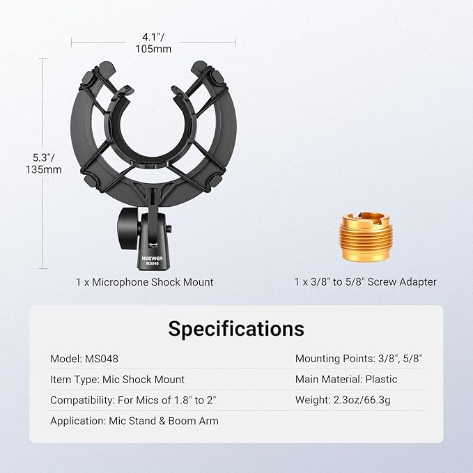 NEEWER Microphone Shock Mount, Mic Holder for Stand & Boom Arm with Elastic Ropes & 3/8" to 5/8" Screw Adapter, Fits Mics of 1.8" to 2" (46 to 50mm) Diameter, MS048