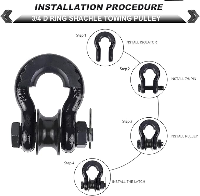 Upgraded Snatch Block, 3/4" D Ring Shackle (2 Pack) 22,000lb Break Strength with Towing Pulley, Heavy Duty Offroad Recovery Accessory for Truck, Tractor, ATV & UTV - Black