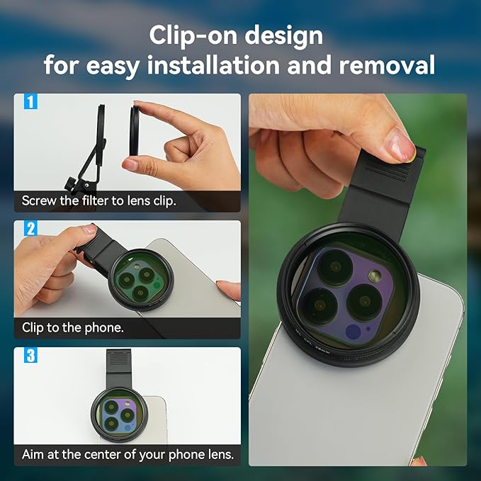 APEXEL CPL 58mm Circular Polarizer Polarizing Filter for iPhone/DSLR for iPhone Camera Lens 16 15 14 13 12 Pro Max Samsung Galaxy Huawei with Adapter Ring, Universal Clip, Cold Shoe