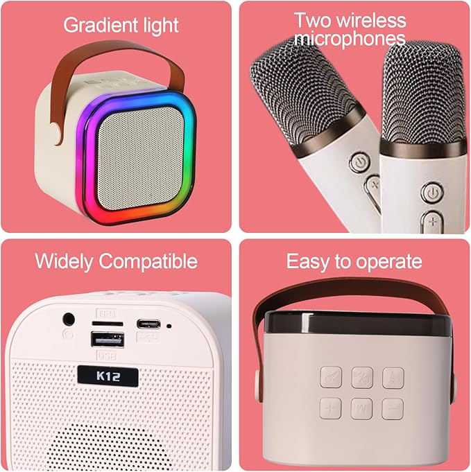 Karaoke Machine for Kids, Kids Karaoke Machine Gifts for Girls and Boys Family Party, Kids Karaoke Machine for Girls with 2 Wireless Microphones, Mini Portable Bluetooth Speaker (Ivory)