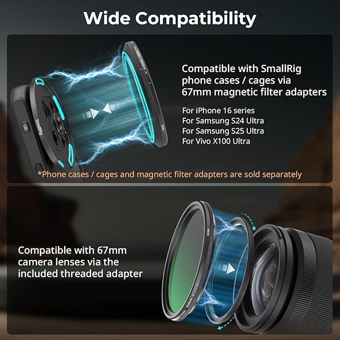 SmallRig Magnetic 67mm VND Filter ND64-ND400 (6-9 Stop), Adjustable ND Filter for iPhone 16 / S24 Ultra/for Vivo X100 & 67mm Camera Lenses, No X Cross HD Optical Glass, with Threaded Adapter - 5169
