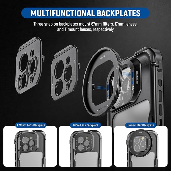 NEEWER 16 Pro Max Cage, Quick Release Video Rig Phone Stabilizer Compatible with iPhone 16 Pro Max with 67mm Filter Adapter, 17mm Lens Backplate, T Mount Lens Adapter Compatible with Moment, PA074