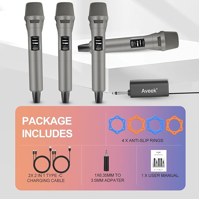 Aveek 4 Packs Wireless Microphone System, Plug & Play Karaoke Microphone Set for Singing, Parties, Church, Weddings, Events, Compatible with Speaker & Amplifier