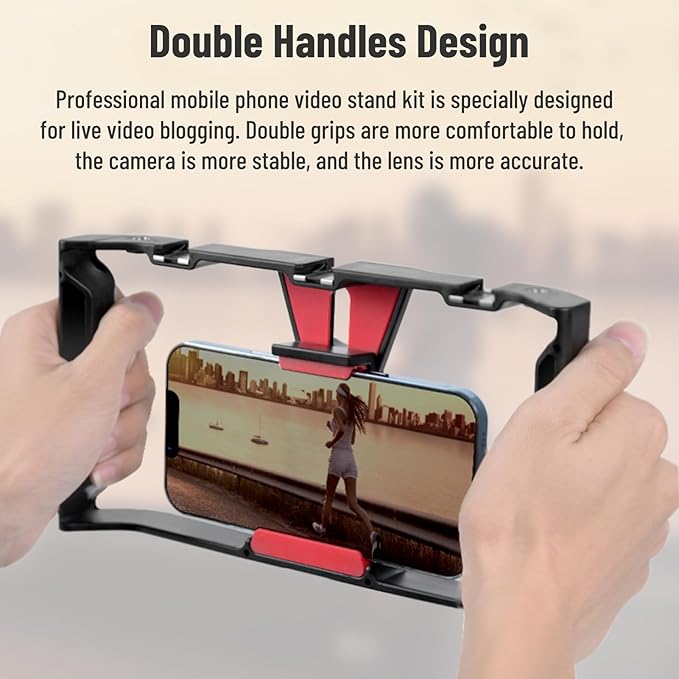 Smartphone Video Rig, Phone Video Stabilizer Grip Vlogging Cage with Cold Shoe 1/4 Screw Hole, Phone Handheld Rig for Videomaker Film Maker Video Grapher Live Recording