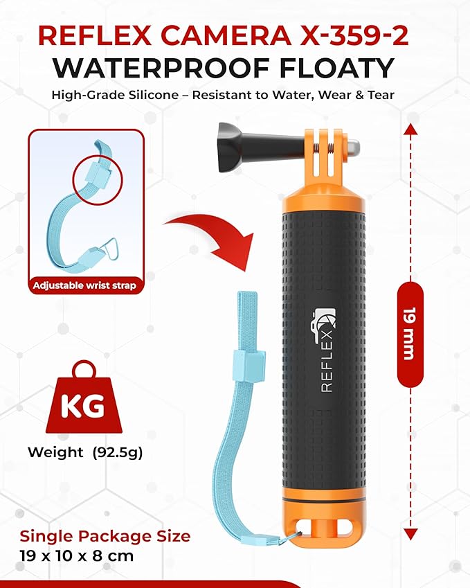 REFLEX CAMERA Waterproof Floating Hand Grip Compatible with Gopro Hero 13/12/11/10/9/8, Akaso, Insta360 & DJI Osmo & Other Action Cameras. Great Floating Handle with Anti Slip Grip & Wrist Strap