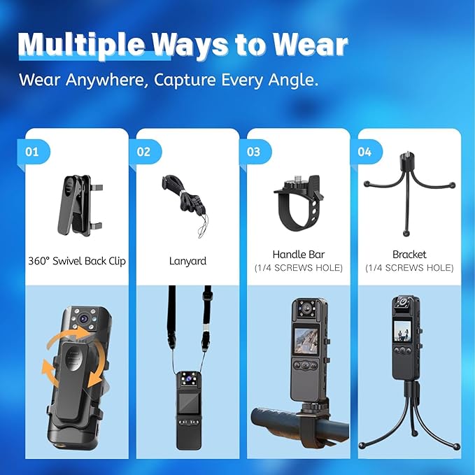 128G4K Body Cam with 180°Rotating Lens,Bike Camera with Audio and Video Recording,Sport Camera with 6hrs Battery,Night Vision,Wearable Cam for Pet,Office,Security Police Law Enforcement (H82-4K-128G)