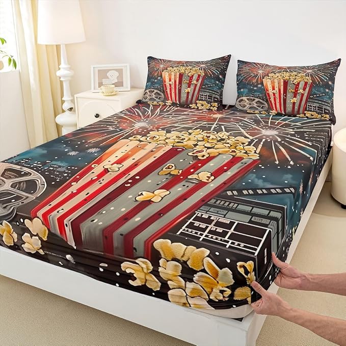 Erosebridal Movie Theme Bed Sheets Set Twin Size for Kids Boys Girls,Delicious Popcorn Sheet Set,Vintage Cinema Style Sheets,Fireworks Flat Fitted Sheet with 1 Pillowcase Deep Pockets