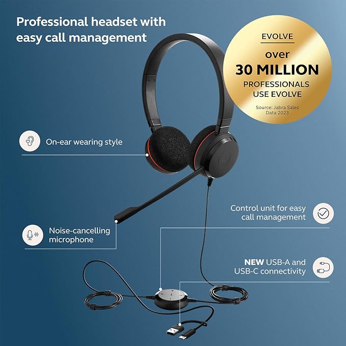 Jabra Evolve 20 Wired Headset (2025 Edition) - Dual-Ear Set for Office and Work from Home - Call Control - All Platforms - USB-C/A Connectivity - Black