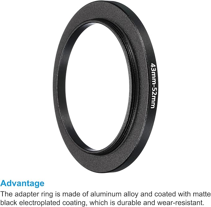 PATIKIL 43mm-52mm Metal Step Up Ring, 2 Pack Camera Lens Filter Adapter Ring Aluminum Filter Adapter Ring for Camera Lenses Hood, Black