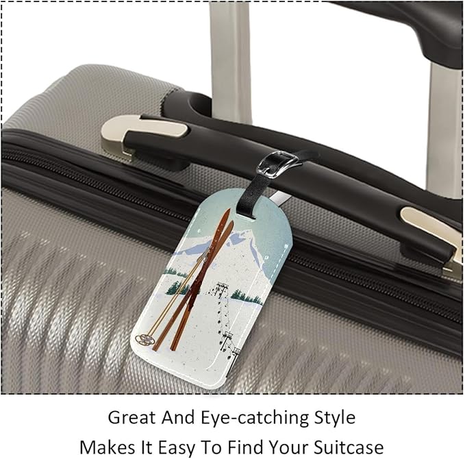2 Pack Winter Ski Moutain Luggage Tags for Suitcases PU Leather Travel Tags Bag Tags Privacy Protection