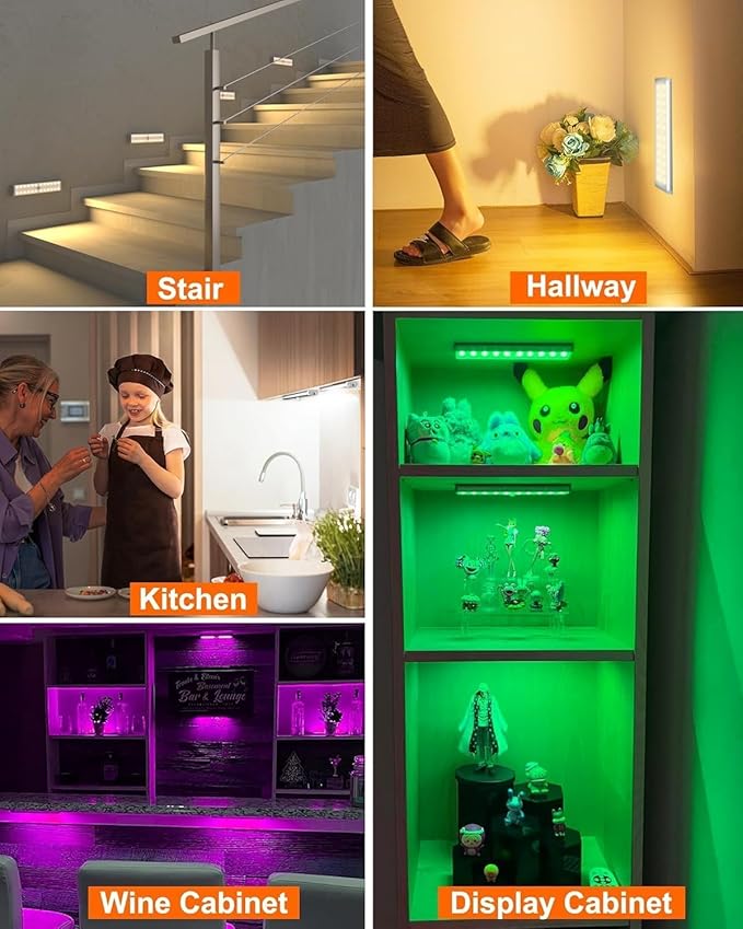 Diomart Under Cabinet Lighting, RGB Rechargeable Motion Sensor Light Indoor Night Lights, 58 -LED Remote Control Under Counter Lightis for Kitchen, Wardrobe, Hallway, Stairs, Desk(4 Pack)