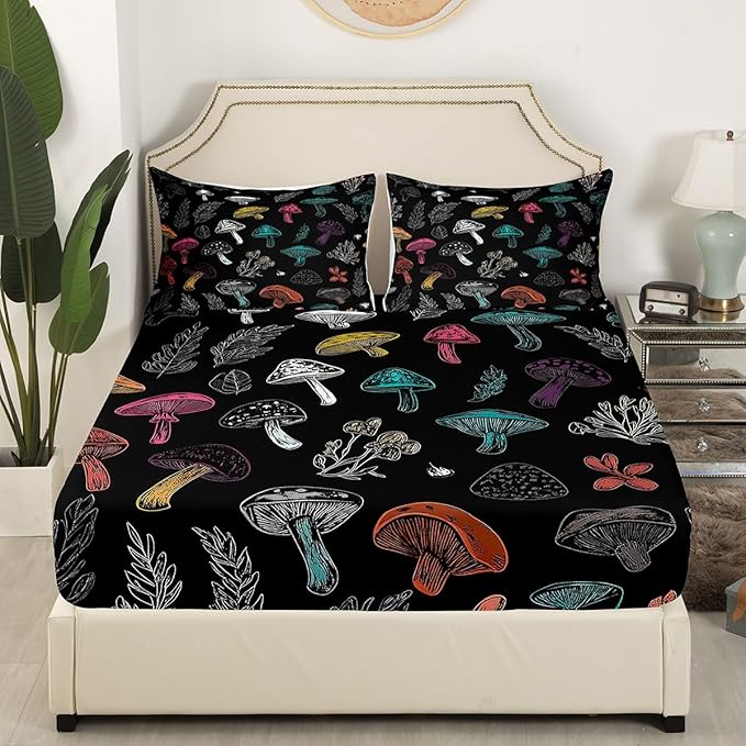 Erosebridal Mushroom Bed Sheets Set - Full Size, Colorful Mushroom Decor Boho Exotic Fitted Sheet for Boys Girls Women - 4 Pcs
