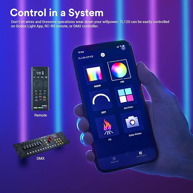 Godox TL120 RGB Tube Light 4 Packs, 2700K-6500K Rechargeable Dimmable Full Color LED Video Light Stick 4-Lights, CRI 96+, TLCI 98+ with Built-in 5200mAh Battery and APP DMX Control