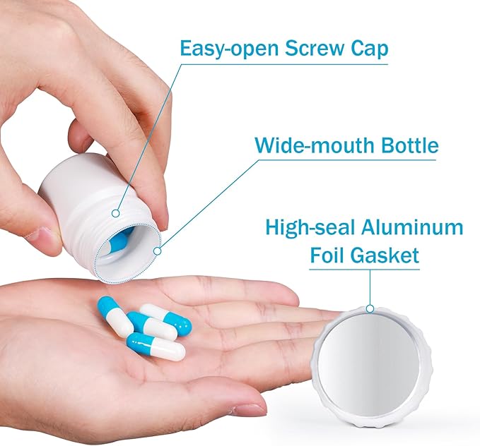 UMETASS Small Pill Bottle for Travel Screw Top, Empty Medicine Bottles for Pills Capsules Vitamins, Food Grade Wide Mouth Plastic Small Travel Medicine Containers with Labels (White, 1oz/30ml, 8 Pcs)
