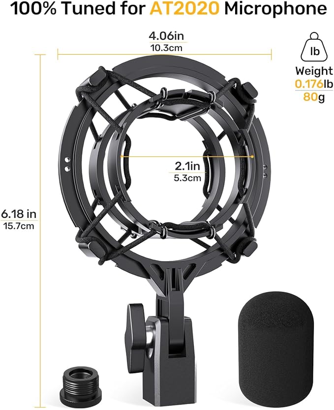 Custom AT2020 Microphone Shock Mount with Pop Filter, Anti-Vibration Suspension Shock Mount Mic Holder Clip Compatible with Audio Technica AT2020 AT2035 AT2020USB ATR2050 AT3035 AT3060 Mic