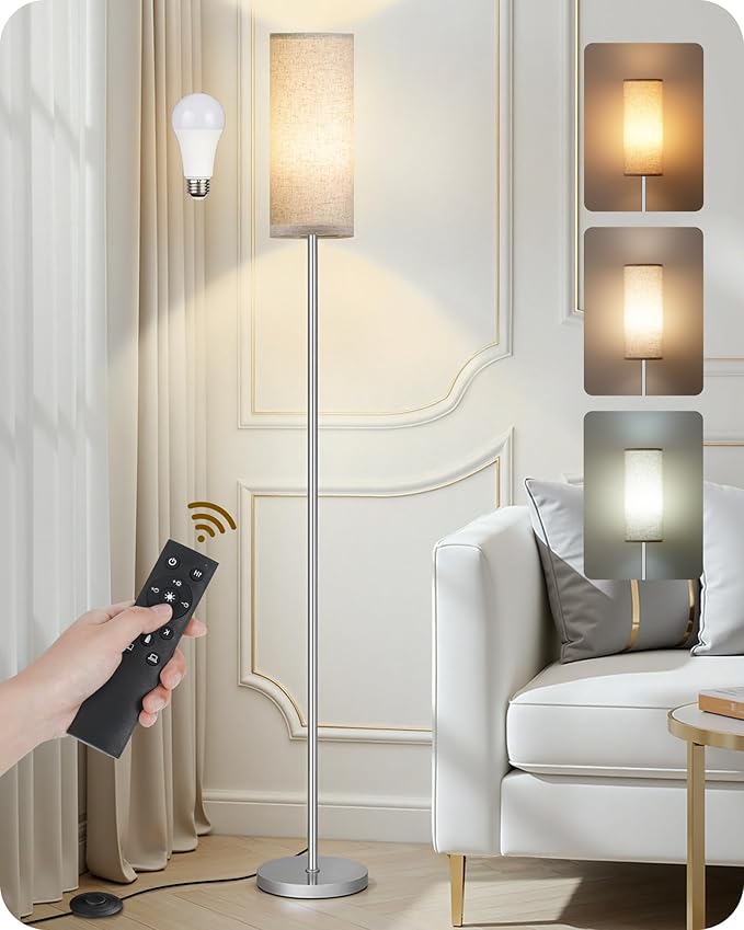 Dimmable Floor Lamps for Living Room with Remote and Foot Switch, 64.4” Modern Standing Tall Lamp, Corner Lamp for Bedroom, Office, Bulb Included, 3000K-6500K, Beige and Silver, FCC Listed SE06LD05W1