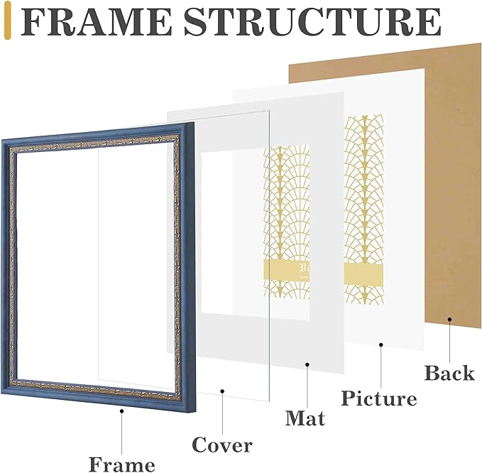 VIOLABBEY 8x10 Picture Frame Blue Gold, Display 5x7 Photo with Mat or 8x10 without Mat, Ornate Vintage 8 x 10 Frame for Wall Decor or Tabletop Display, Blue Gold