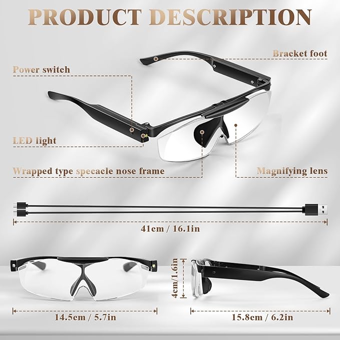 200% Magnifying Glasses with Light, Rechargeable LED Lighted Magnifying Eyewear,Flip-top Hands Free Head Magnifier Eyeglasses for Close Work,Hobbies,Reading,Craft,Jewellery,Sewing Black