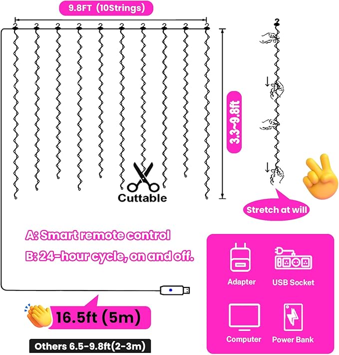 HXWEIYE 300LED Fairy Curtain Lights, 9.8x9.8Ft USB Plug-in 8 Modes Christmas String Hanging Lights with Remote for Bedroom Backdrop Wedding Indoor Wall Decor, Pink, Standard – 1 Pack
