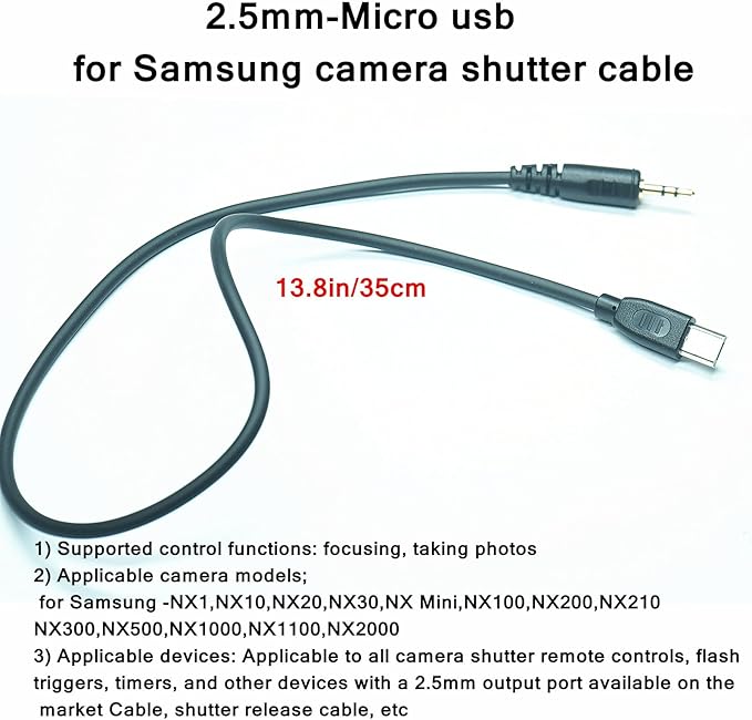 (SR2NX2) 2.5mm-Micro USB is Suitable for The Samsung Camera Shutter Release Cable NX1000 / NX2000 / NX300 / It is Used for Connecting Wireless Remote Controls, Flash triggers and Shutter Controllers