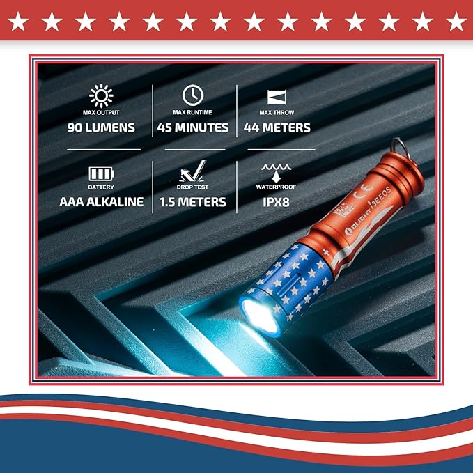 OLIGHT i3E EOS PMMA TIR Lens AAA EDC Flashlight 90 Lumens Compact Keychain Flash Light for Night, Camping (Stars & Stripes Edition)