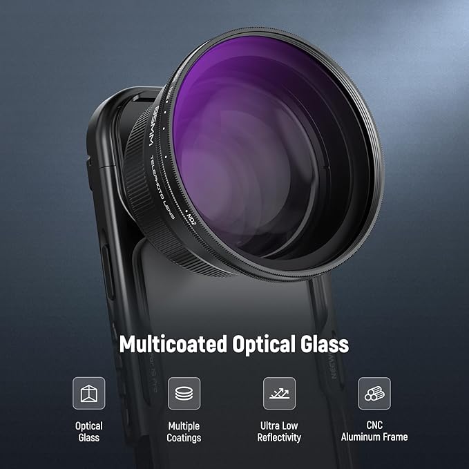 NEEWER 72mm Variable ND Filter with 77mm Lens Hood, ND2-32 Adjustable Neutral Density Filter Compatible with iPhone Android Samsung NEEWER 65mm Telephoto Phone Lens