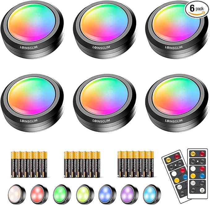 Puck Lights with Remote,Under Cabinet Lighting Wireless,Battery Operated RGB LED Lights Dimmable,7 Colors Push Lights for Closet,Kitchen,Under Counter Lights Bar Display Shelf (6pack)