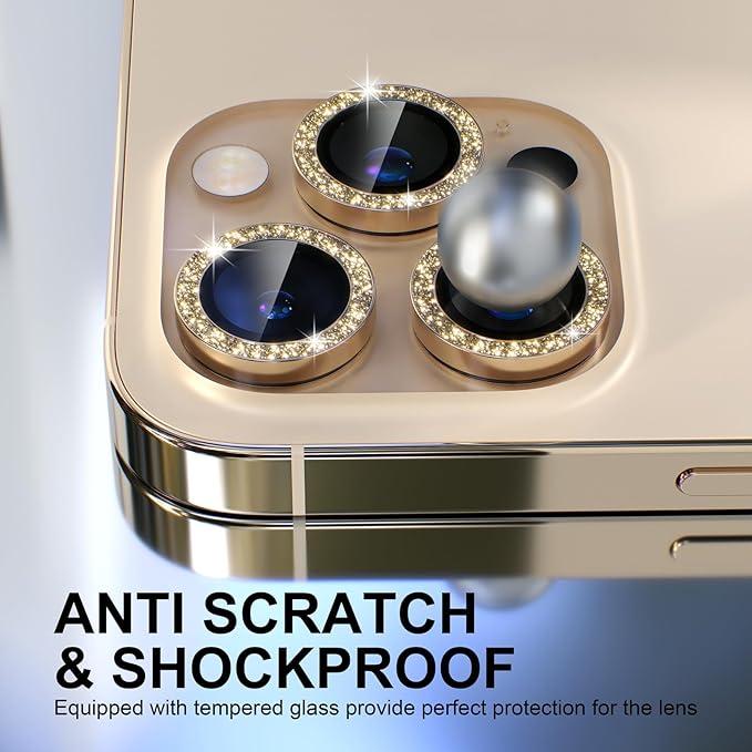 Choiche Compatible for iPhone 13 Pro/iPhone 13 Pro Max Camera Lens Protector Bling, 9H Tempered Glass Camera Cover Screen Protector Metal Ring Decoration Accessories (Glitter-Gold)