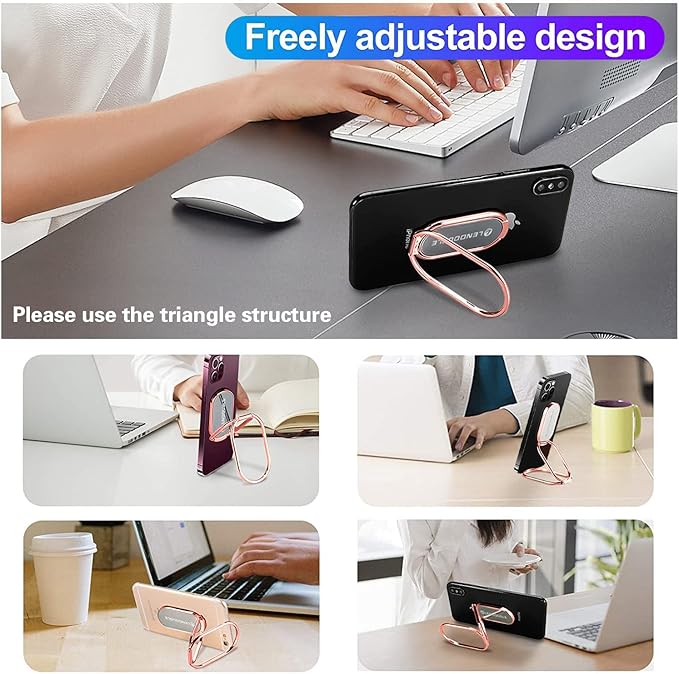 Adjustable Cell Phone Stand for Desk, Portable Phone Ring Holder Finger Kickstand Foldable Desktop Hand Grip, 360° Rotatable Loop Handle for Magnetic Car Mount & iPhone iPad Tablet Case Back-Rose Gold