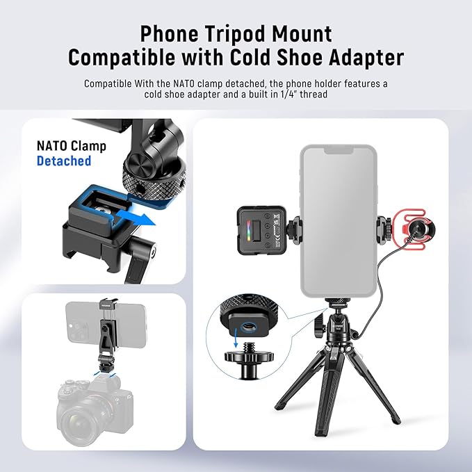 NEEWER Metal Phone Tripod Mount with Cold Shoe NATO Clamp Compatible with DJI RS5 RS4 RS3 Pro RS2 RSC2 Gimbal Stabilizer, 180° Tilt Phone Clip Holder Compatible with iPhone 15 Pro Camera Cage, GA010