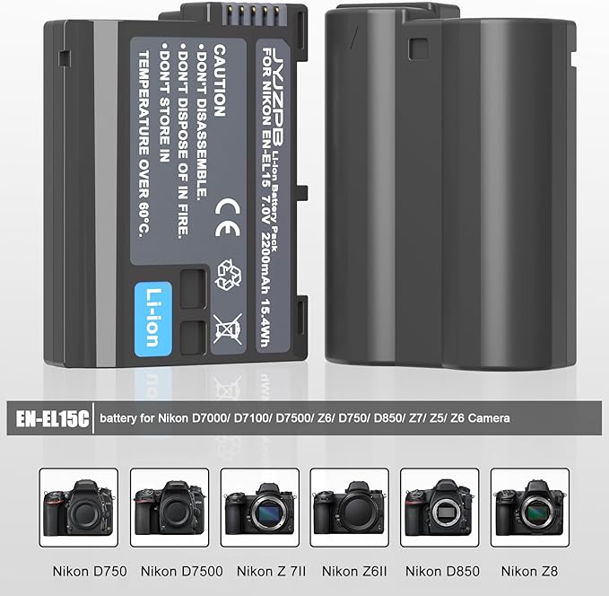JYJZPB EN-EL15C Battery Charger Set with Built in Cable Compatible for Nikon D7000 D7100 D7200 D7500 D750 ZF Z6 Z6 ii Z7 Z8 D500 D850 ZR Camera Battery