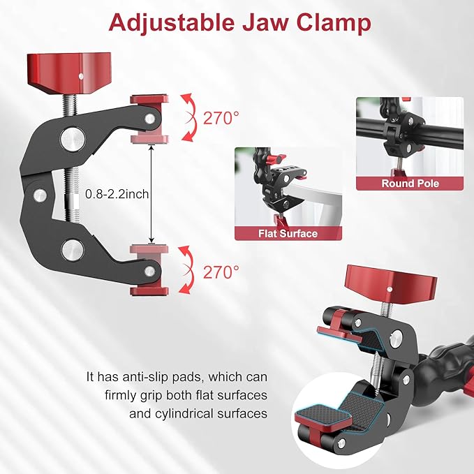 Camera Mount Clamp, Super Clamp with Dual Ballhead Magic Arm for/Phone Holder/Tripod Mount Adapter - 1/4" & 3/8" Holes,360°Adjustable for G0pro,Phone, Microphone,Monitor and Light JC009