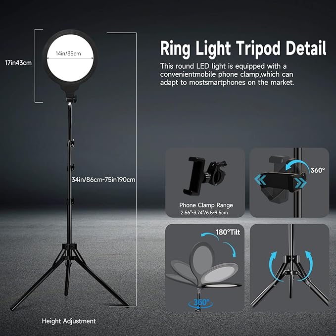 Ring Light Tripod for iPhone, 14" Selfie Ring Light with Tripod Stand and Phone Holder, Professional LED Circle Lighting for Video Recording, Conferencing, Makeup, Streaming, Tiktok, YouTube