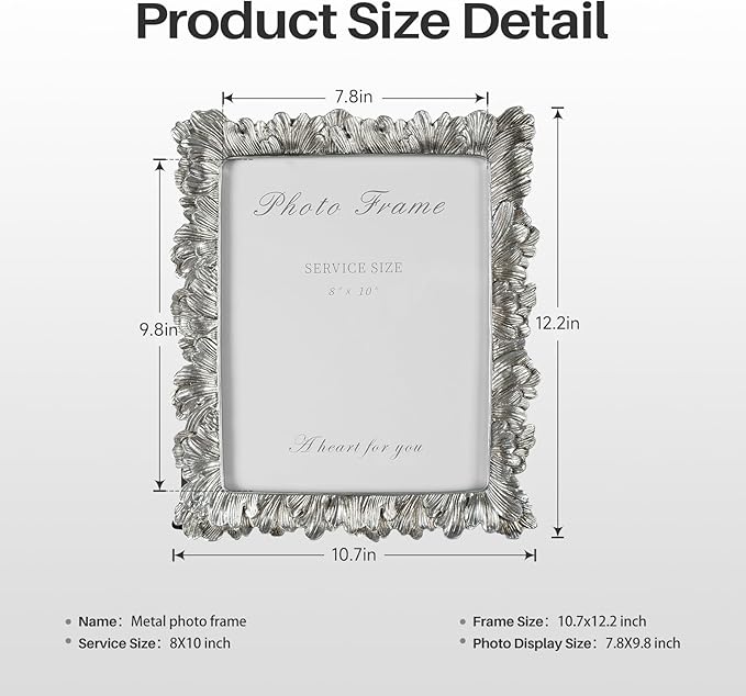 Cuspin Silver 8x10 Picture Frame, Vintage Silver Ornate Palm Leaves Textured Hand-Crafted Resin with Glass Front, Elegant Retro Design Photo Frame for Wall Hanging and Tabletop Display Home Decor