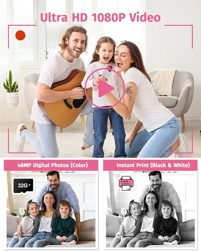 Instant Camera, Dual-Lens Kids Camera Instant Print for Boys Girls Christmas Birthday Gifts, 1080P Digital Cameras for Kids Teens with Print Paper, 32GB Card, Toddle Toy for Age 4-12 Years(Pink)