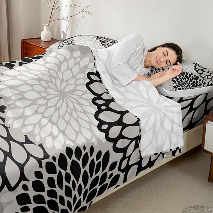 Erosebridal Aztec Dahlia Bed Sheets for Adult Women Girls Floral Sheet Set Full Size,Mexican National Flower Fitted Sheet Modern Floral Design Flat Sheet All Season Bedding Bedroom Decor, Black White