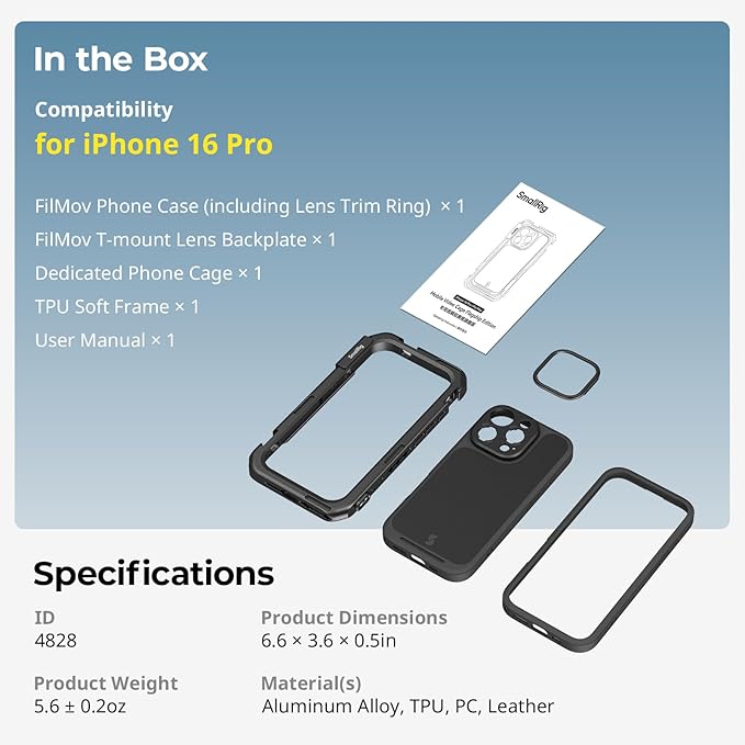 SmallRig Mobile Video Cage for iPhone 16 Pro, Phone Cage with Phone Case with T-Mount Lens Backplate, Support for MagSafe, Quick Release Video Rig for Videography Video Recording Vlog