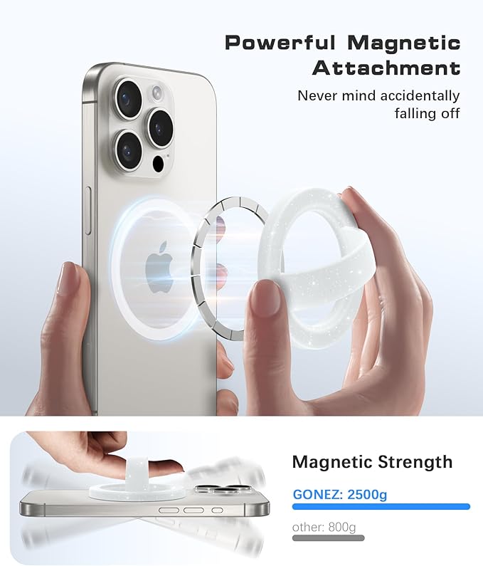 GONEZ Magnetic Phone Grip Compatible with MagSafe, Removable Silicone Loop Grip, Phone Ring Holder for Back of Phone for iPhone 17/16/15/14/13/12 Series, Glitter White
