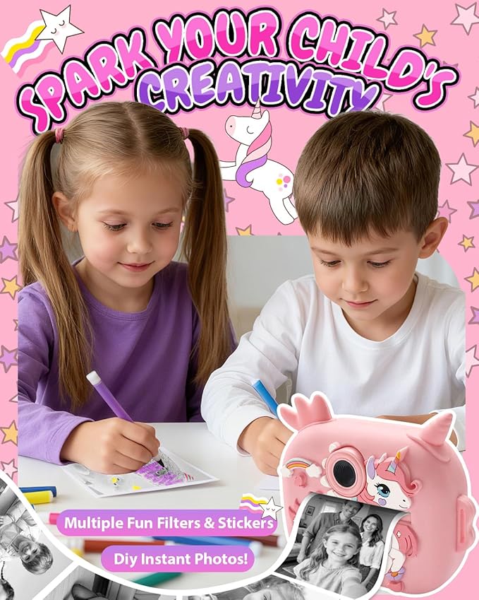 Kids Camera Instant Print, 1080P Kids Instant Cameras with Photo Printing and Fun Learning, Christmas Stuffers Birthday Gifts for Girls Age 3-12, Portable Toy for 3 4 5 6 7 8 9 10 Girls Boys, Pink